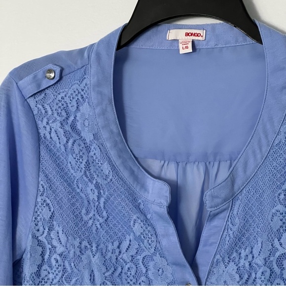 Blue Lace Front Top Size Large Sheer Chiffon Back Button Tab Sleeve Cornflower - Picture 2 of 9